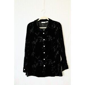 Jaclyn Smith Black velvet burnout L button up shirt goth witchy holiday